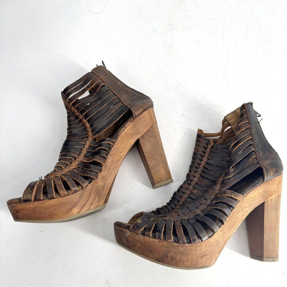 Sbicca Yani Huarache Leather Wood Platform Chunky Sandals Gladiator 8 Fits 7 - Picture 6 of 9